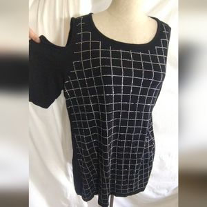 Belldini side-sleeved black top, silver & diamond bling pattern, XL, round neck